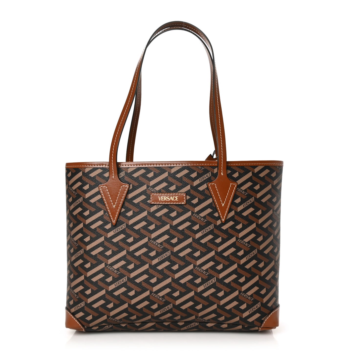 Coated Canvas Calfskin Small La Greca Signature Shopper Tote Bag Black Caramel