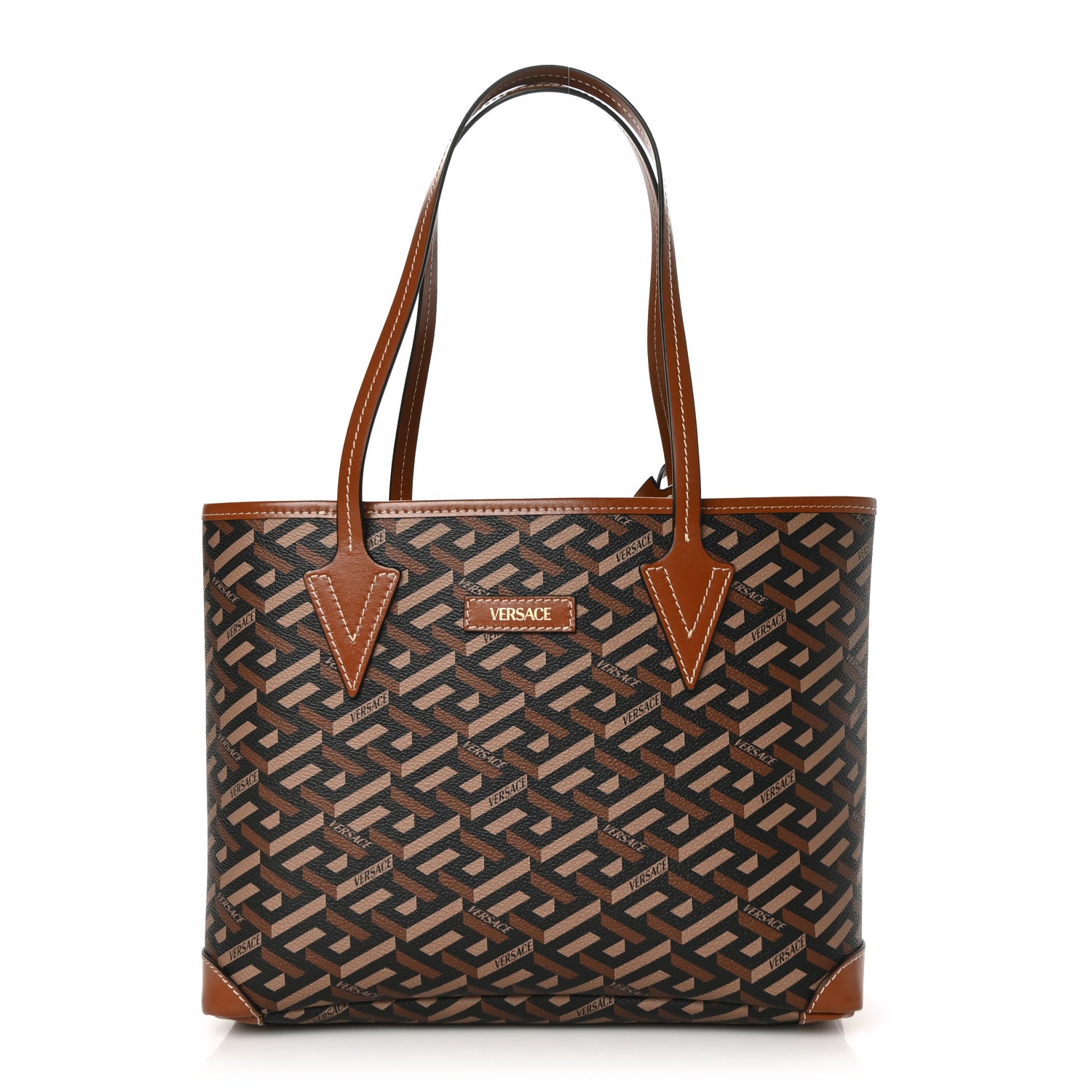 Versace Coated Canvas Calfskin Small La Greca Signature Shopper Tote Bag Black Caramel 2 of 7