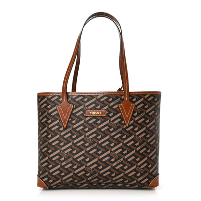 Versace Coated Canvas Calfskin Small La Greca Signature Shopper Tote Bag Black Caramel 2 of 7