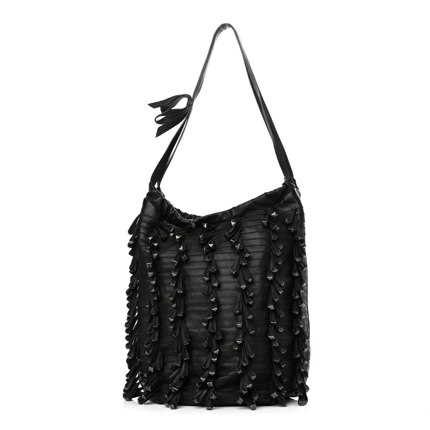 Lambskin Rockstud Fringe Bucket Black