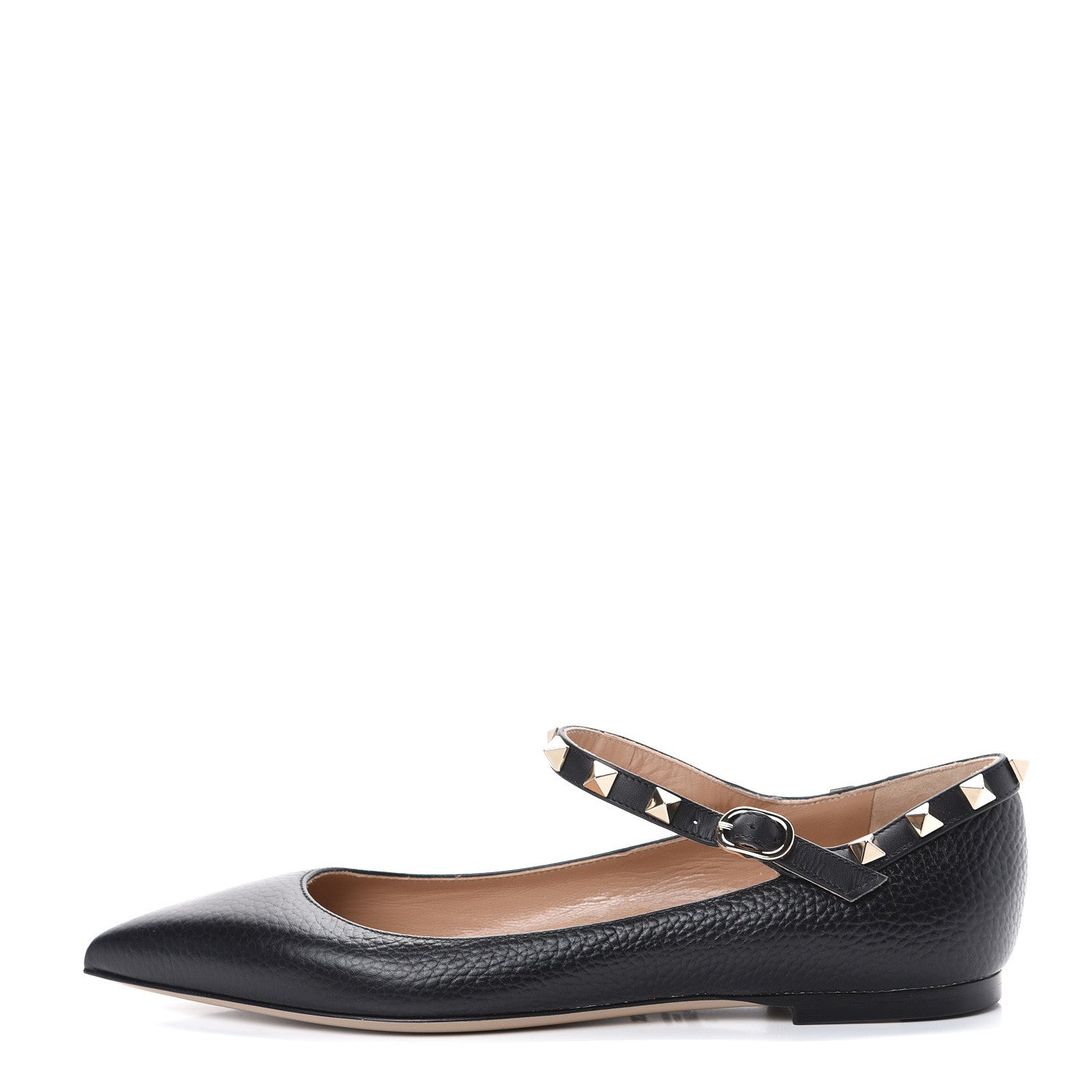 Valentino Garavani Pebbled Calfskin Rockstud Ankle Strap Ballerina Flats 36.5 Black 1 of 9