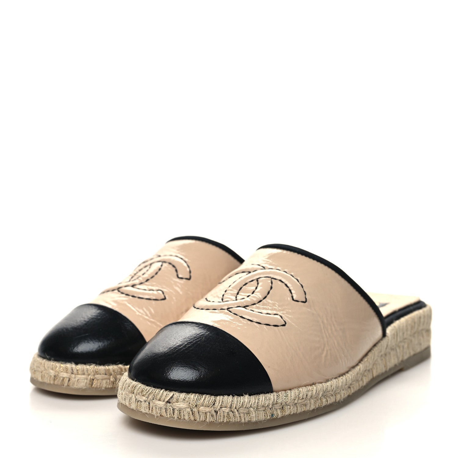 Chanel Crumpled Goatskin CC Espadrille Mules 38 Beige Black 3 of 9