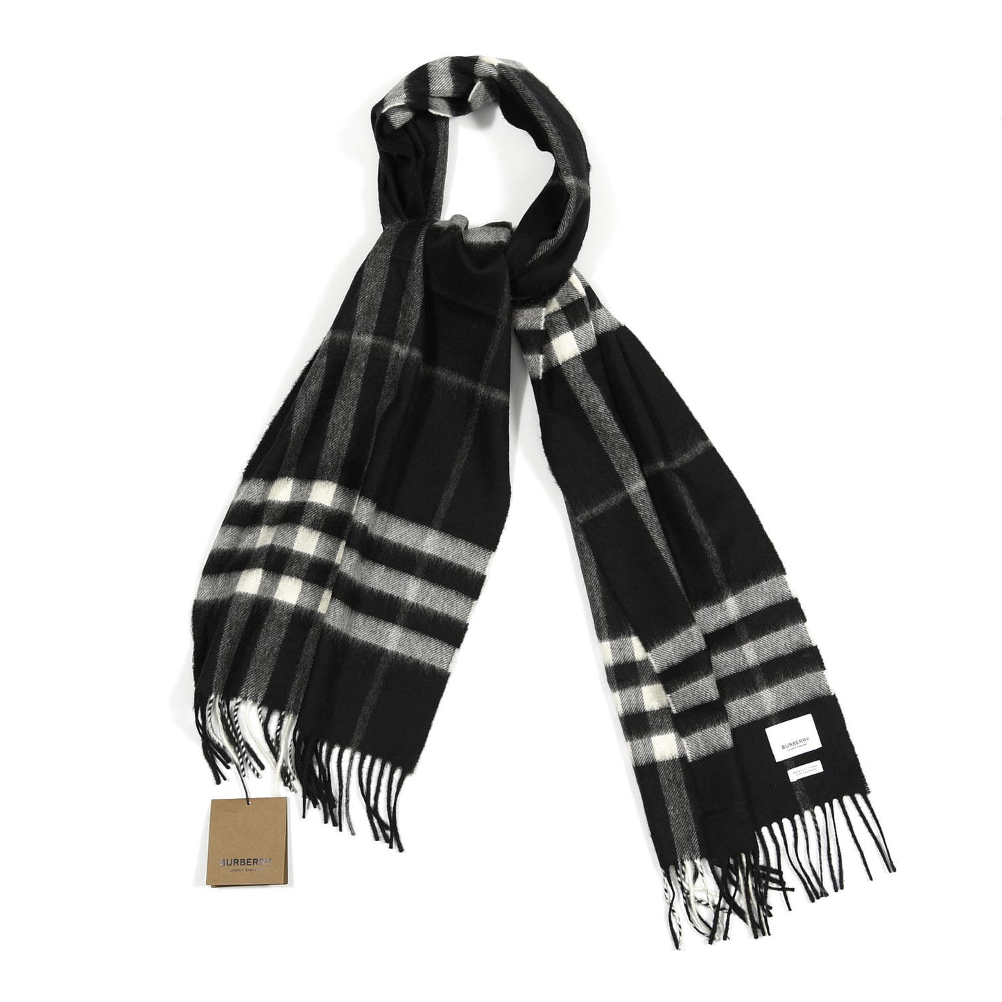 Cashmere Giant Check Fringe Scarf Black