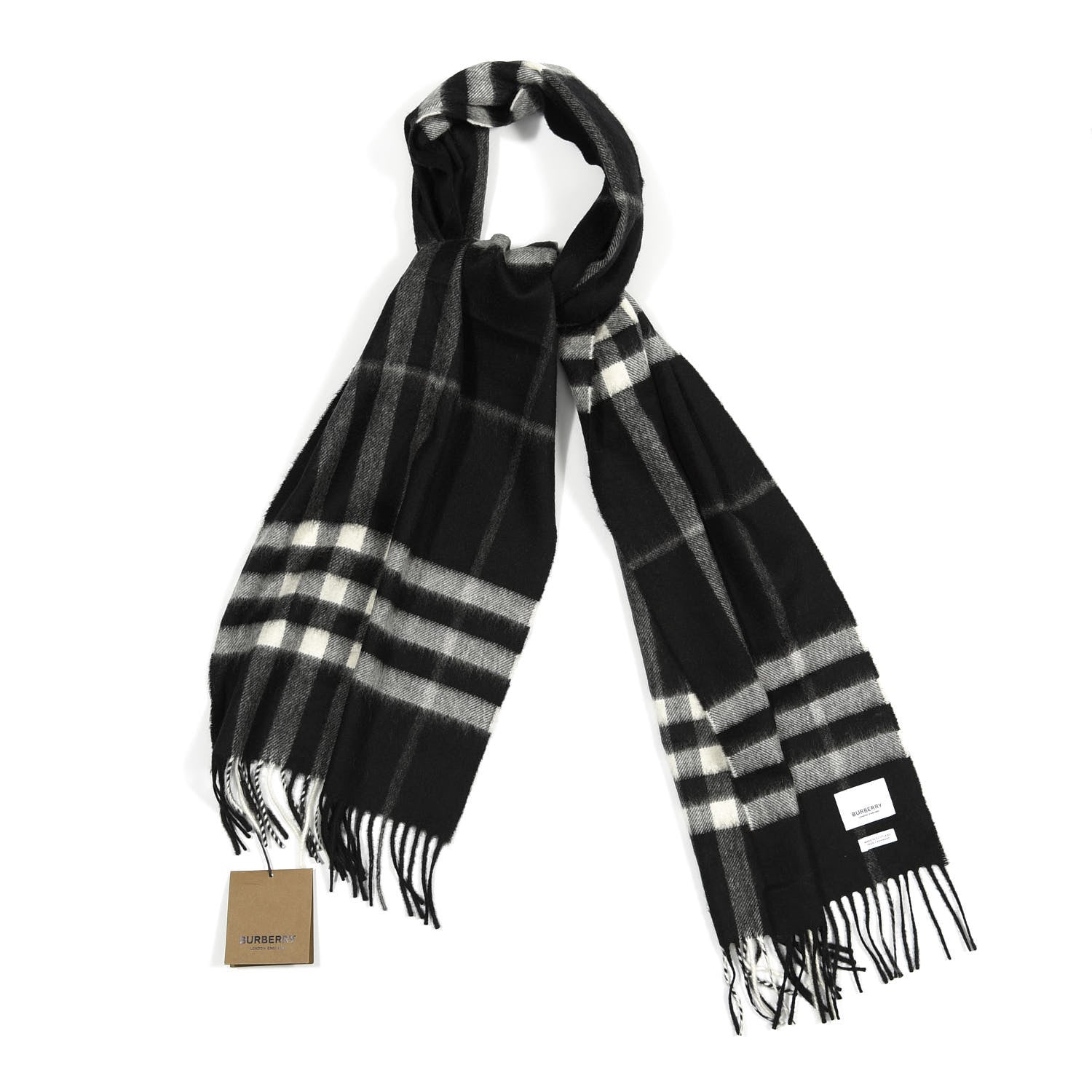 Burberry Cashmere Giant Check Fringe Scarf Black 1 of 3