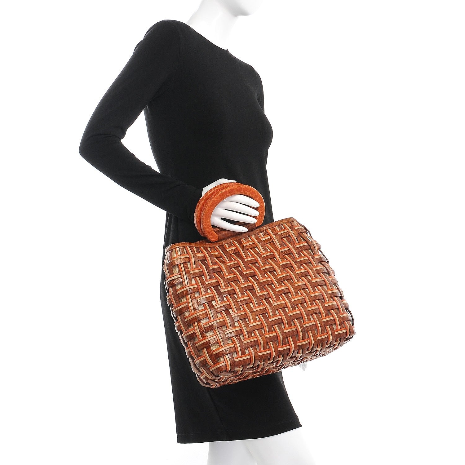 Nancy Gonzalez Crocodile Woven Top Handle Tote Orange Brown 2 of 9