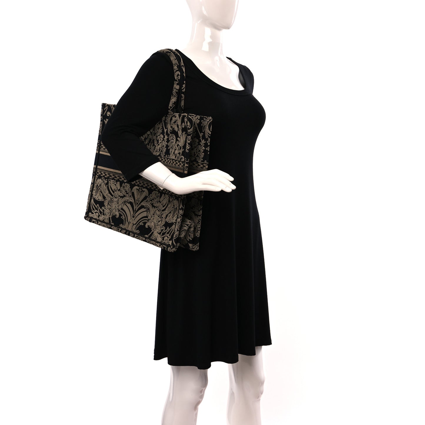 Canvas Embroidered Large Ornamental Cornely Effect Book Tote Black Beige