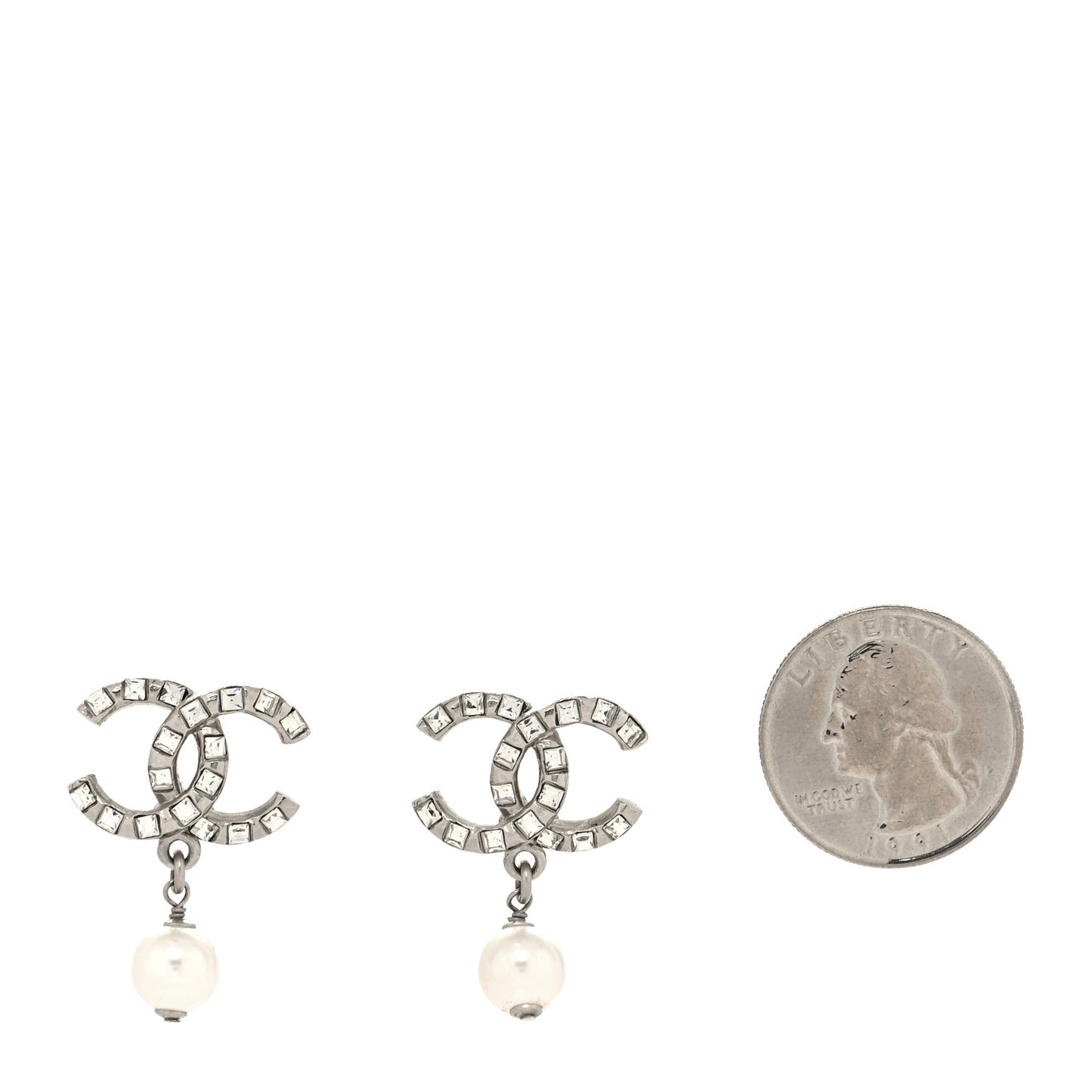 Crystal Baguette Pearl CC Drop Earrings Silver