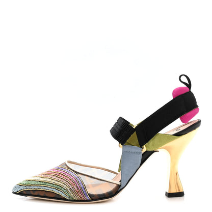 Fendi Technical Mesh FF Rainbow Beaded Colibri 85mm Slingback Pumps 39 Tobacco Black Multicolor 1 of 11