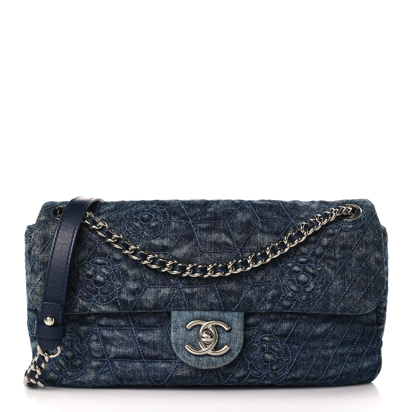 Denim Quilted Camellia Embroidered Medium Flap Blue
