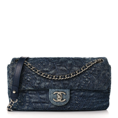 Chanel Denim Quilted Camellia Embroidered Medium Flap Blue 1 of 9