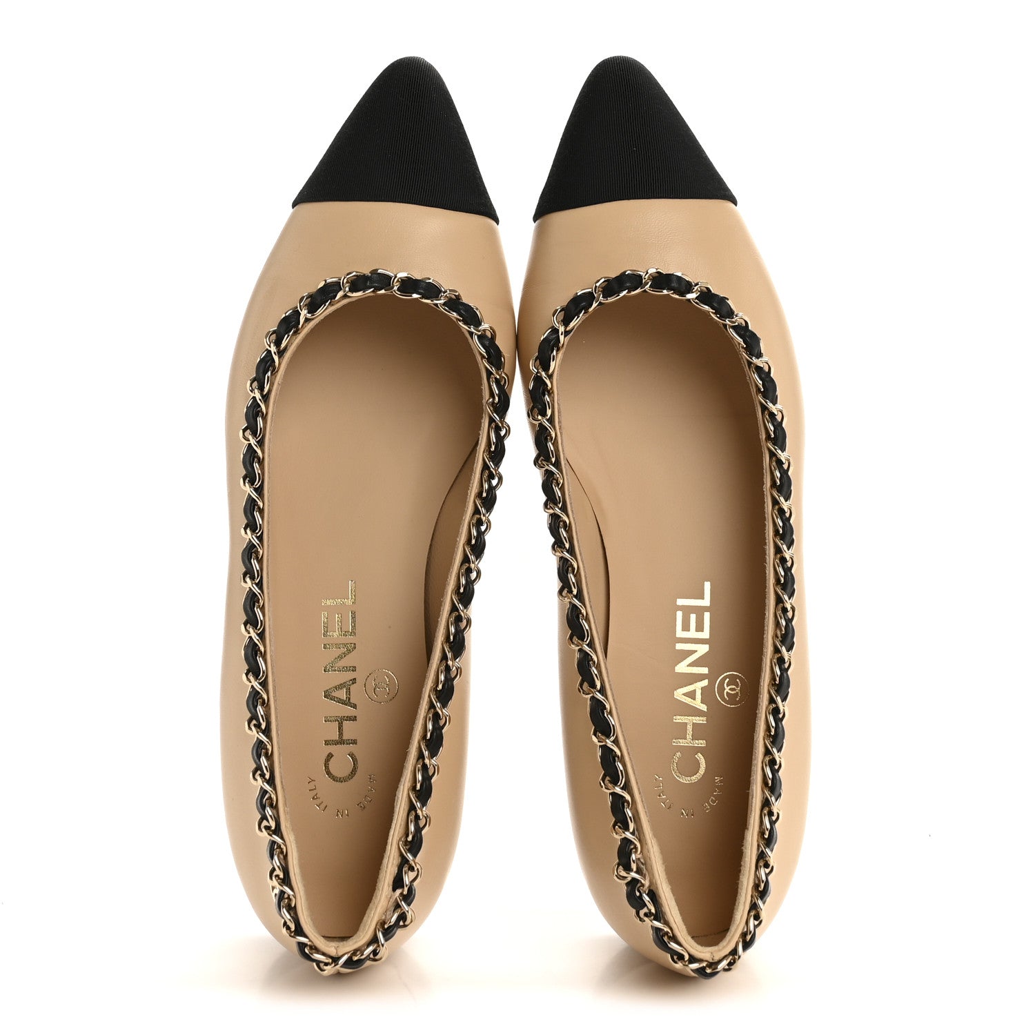 Chanel Lambskin Grosgrain Chain Cap Toe Flats 35.5 Beige Black 2 of 10