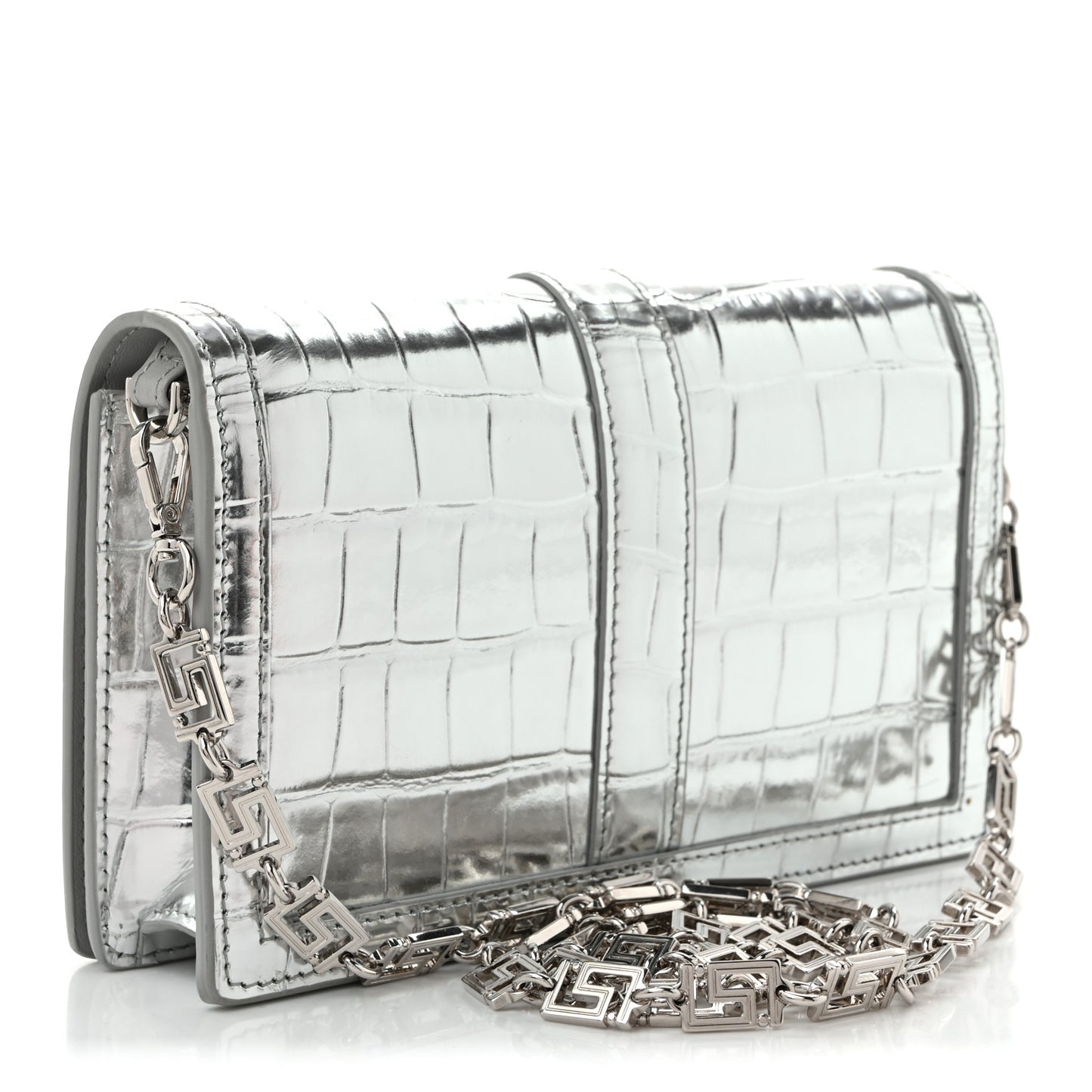 Metallic Crocodile Embossed Calfskin Greca Goddess Wallet On Chain Silver
