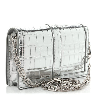 Versace Metallic Crocodile Embossed Calfskin Greca Goddess Wallet On Chain Silver 3 of 9