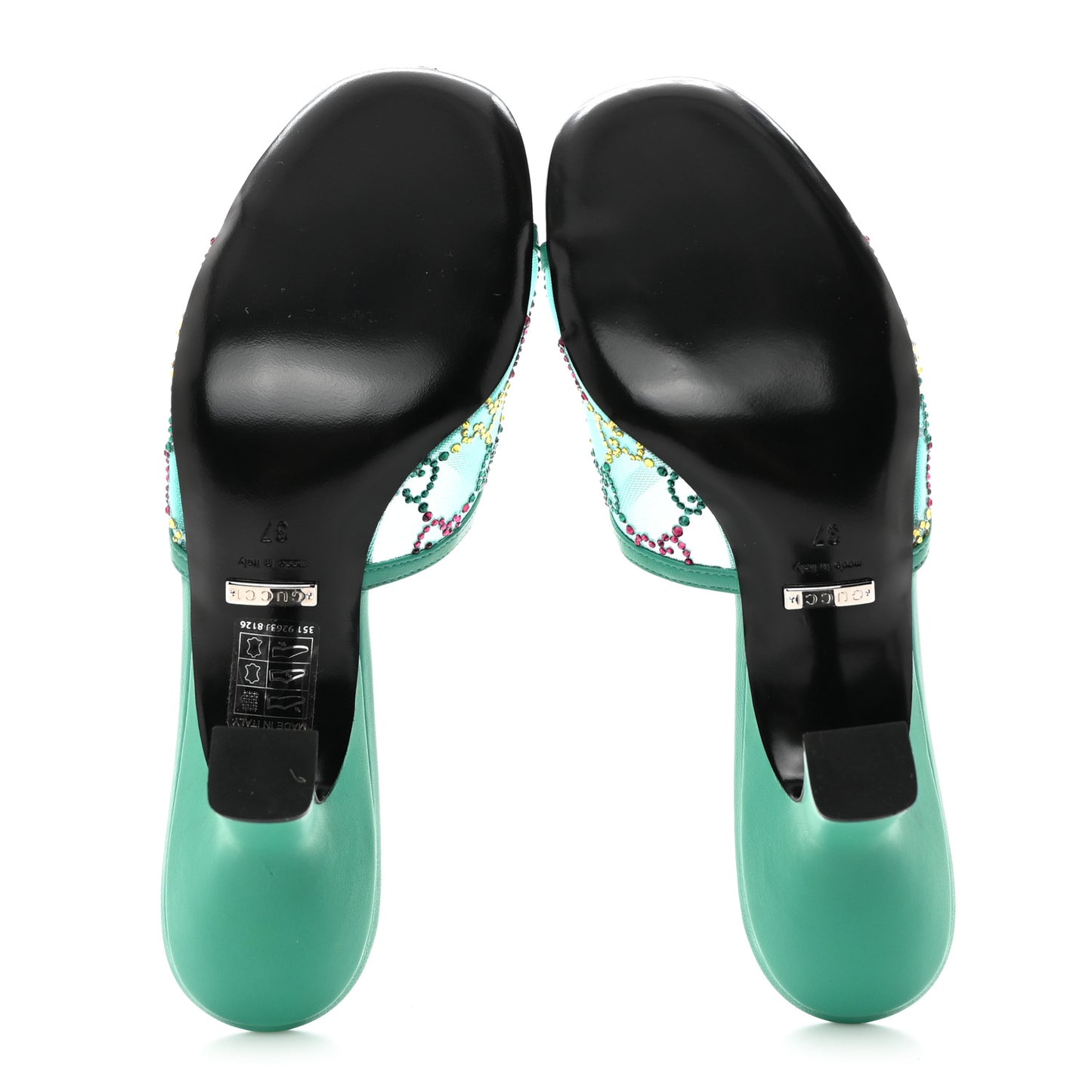 Tela Retino Nappa Crystal GG Monogram Square G 95mm Slide Sandals 37 Turquoise