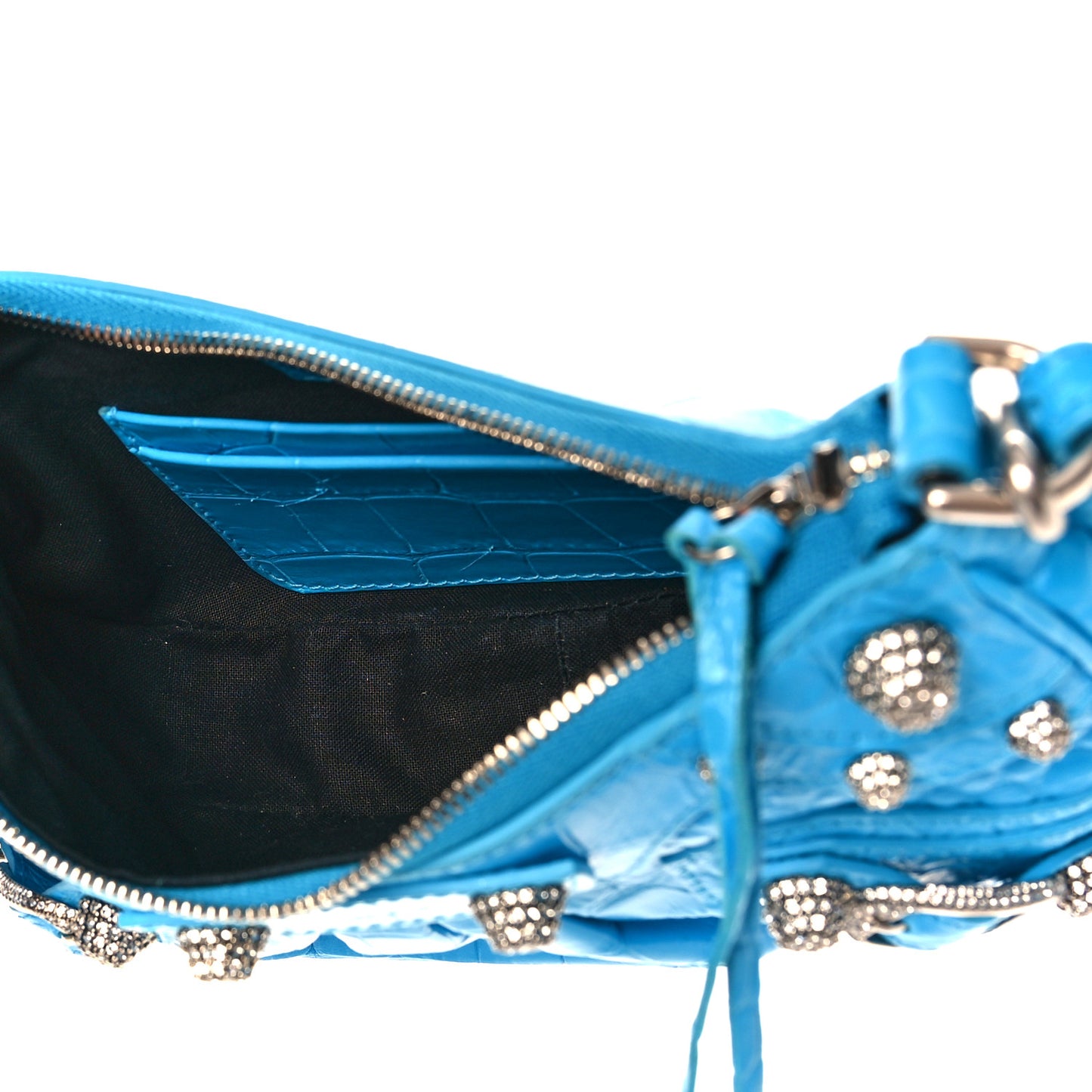 Extra Supple Calfskin Crocodile Embossed Crystal Mini Le Cagole Purse With Chain Cyan