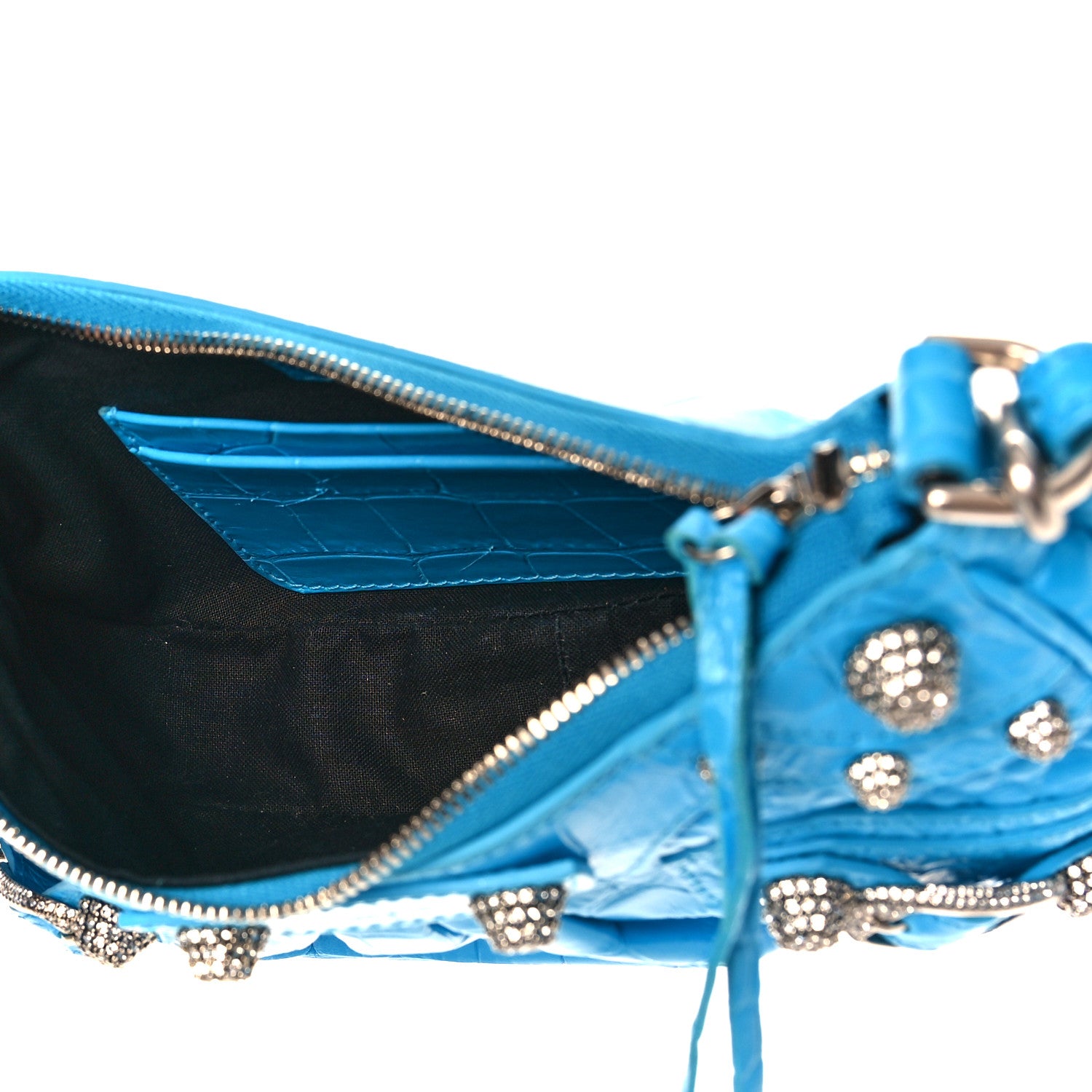 Balenciaga Extra Supple Calfskin Crocodile Embossed Crystal Mini Le Cagole Purse With Chain Cyan 5 of 9