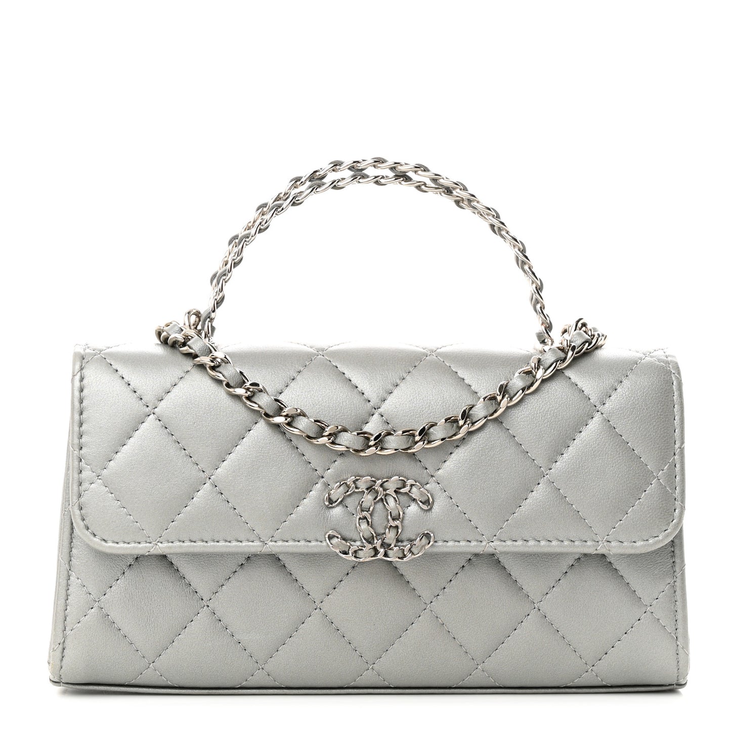 Lambskin Quilted Chain Top Handle Phone Holder With Chain Silver