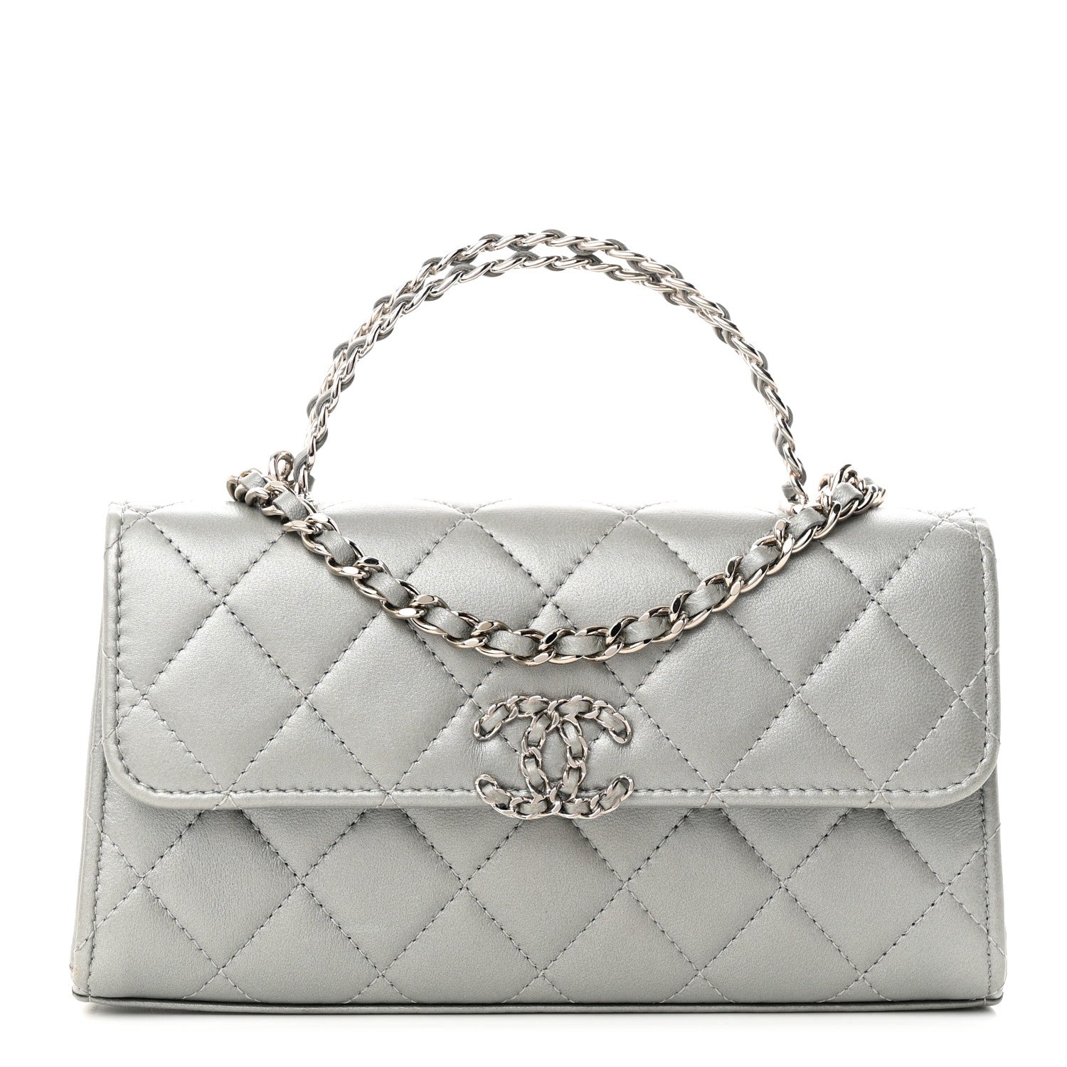 Chanel Lambskin Quilted Chain Top Handle Phone Holder With Chain Silver 1 of 14