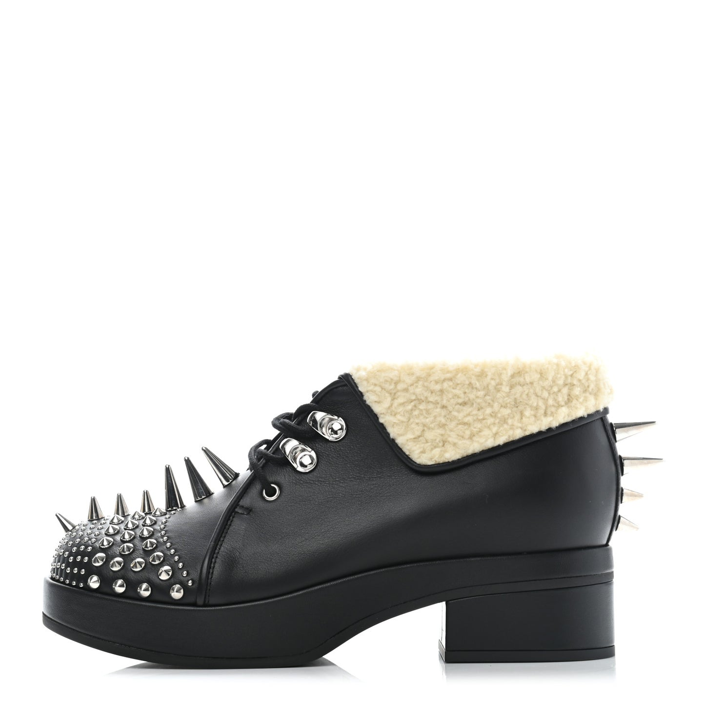 Calfskin Faux Shearling Studded Victor Ankle Boots 36 Black Mystic White