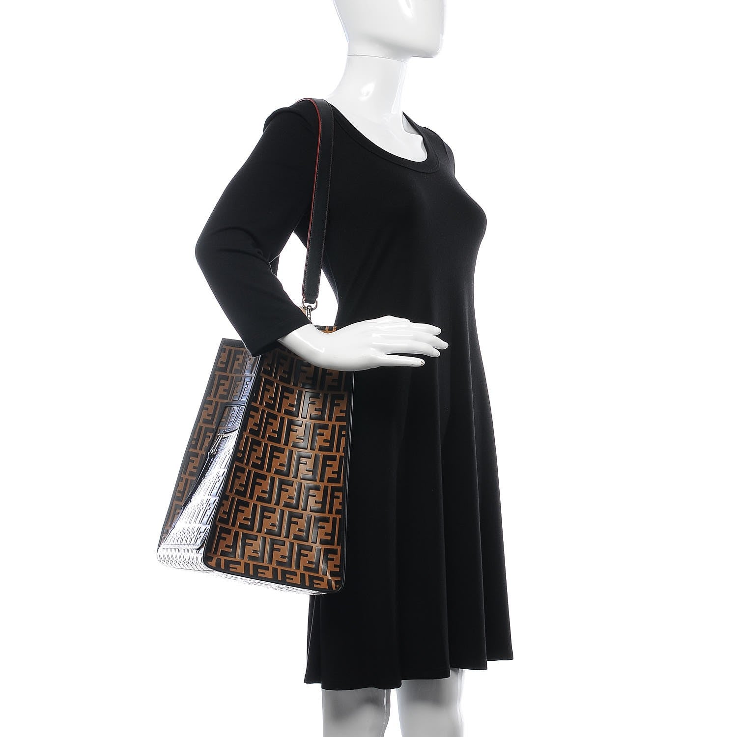 Fendi Vitello Century Wicker FF Embossed Large Runaway Shopper Tote Tobacco Black 2 of 7