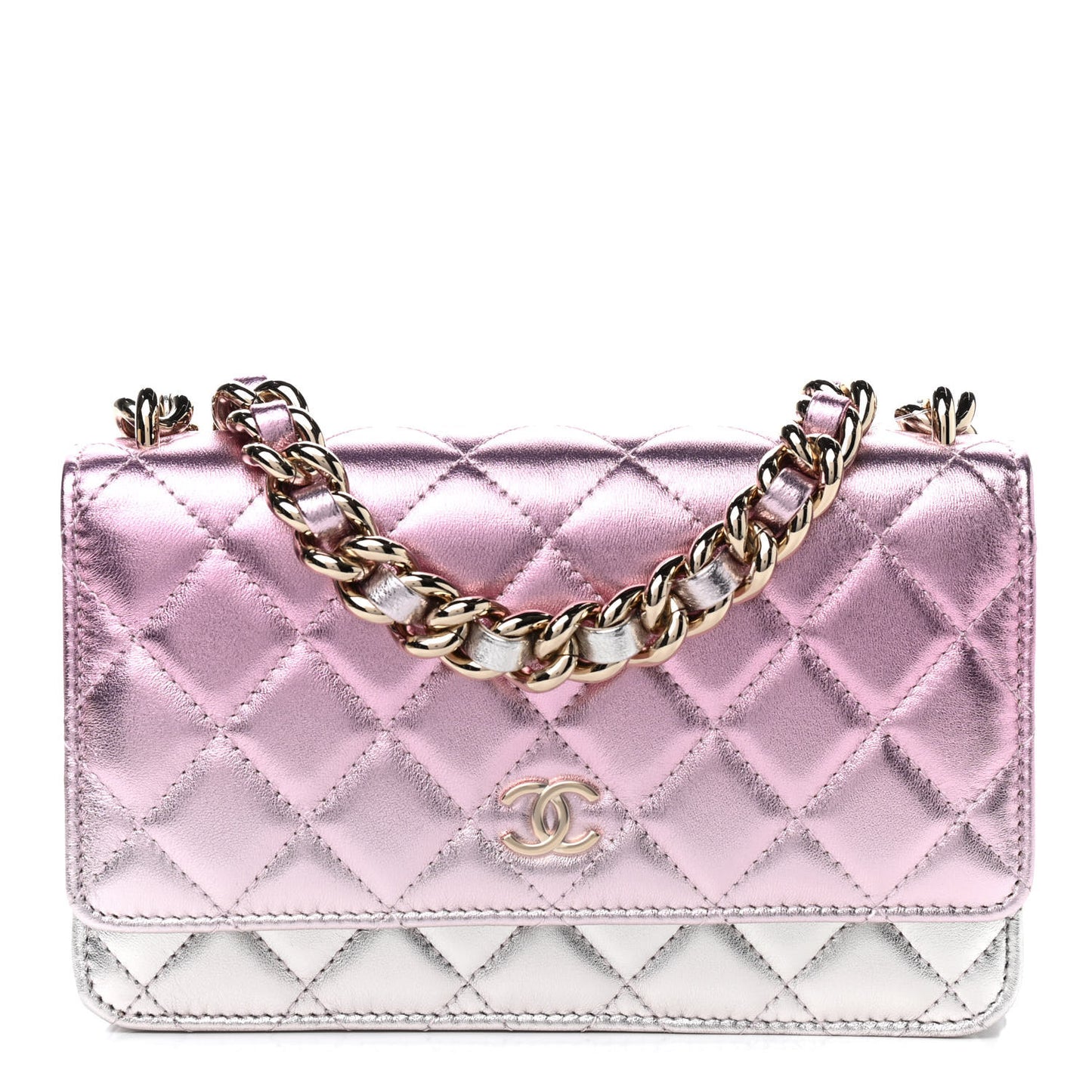 Gradient Metallic Lambskin Quilted Like A Wallet Wallet On Chain WOC Gold Pink