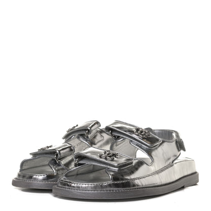 Chanel Laminated Calfskin Velcro Dad Sandals 35.5 Silver 3 of 11