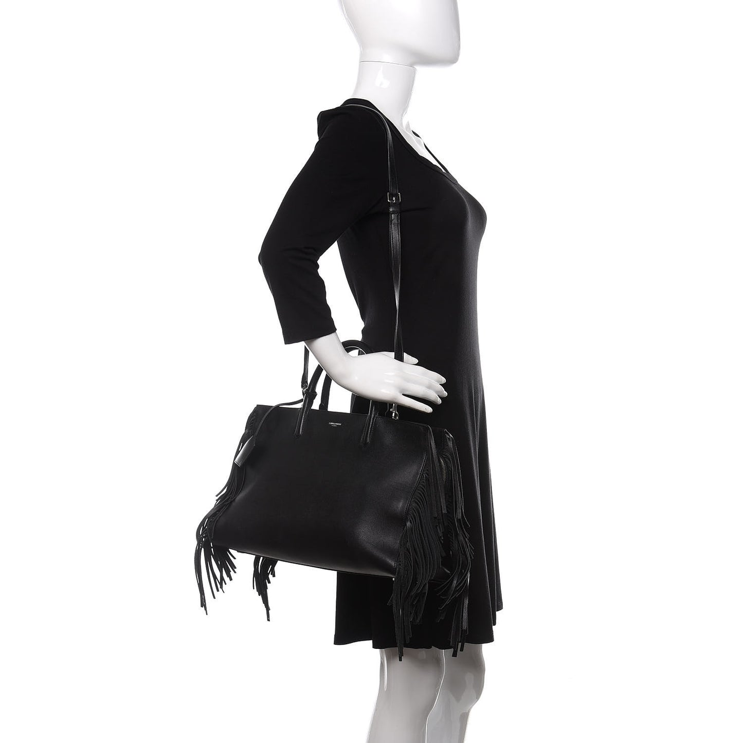 Grained Calfskin Medium Fringe Cabas Rive Gauche Black