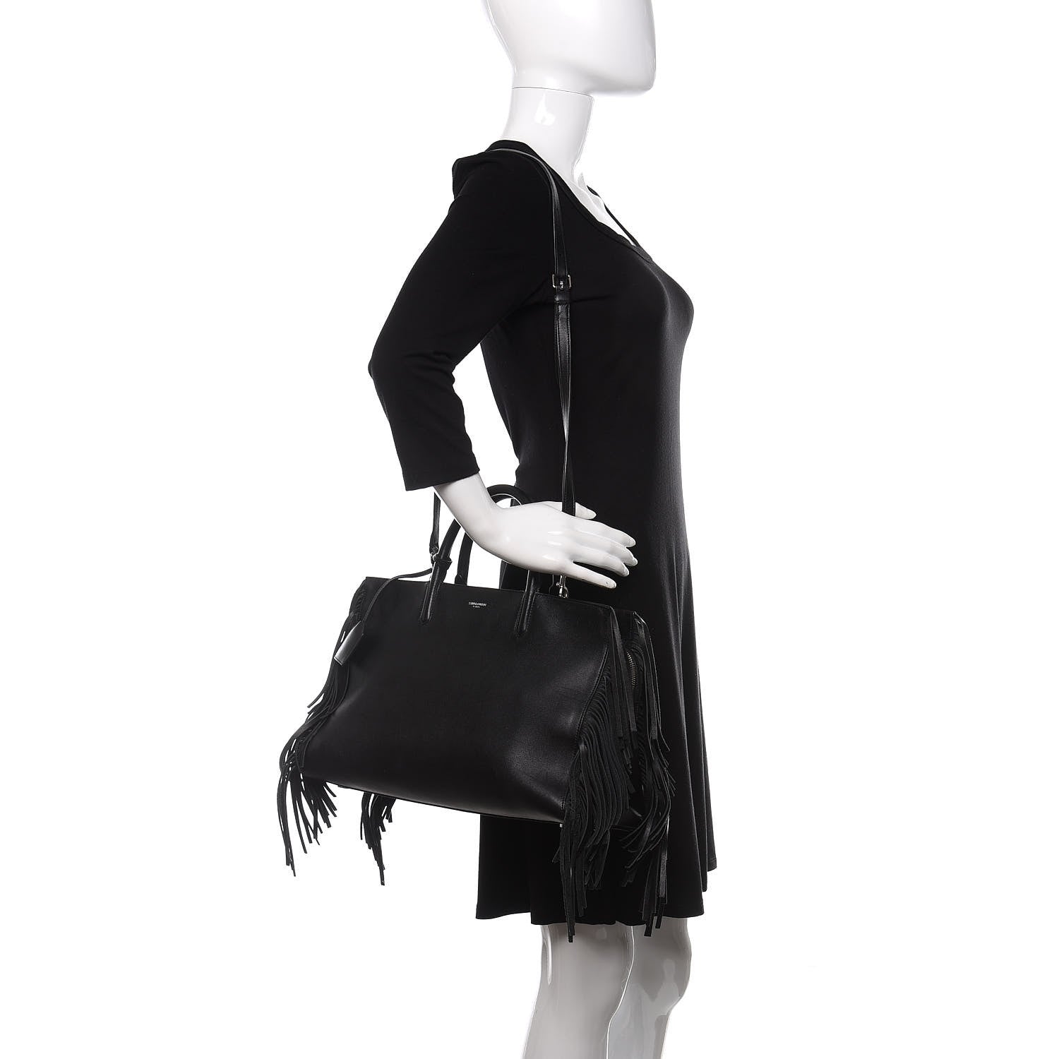 Saint Laurent Grained Calfskin Medium Fringe Cabas Rive Gauche Black 2 of 19