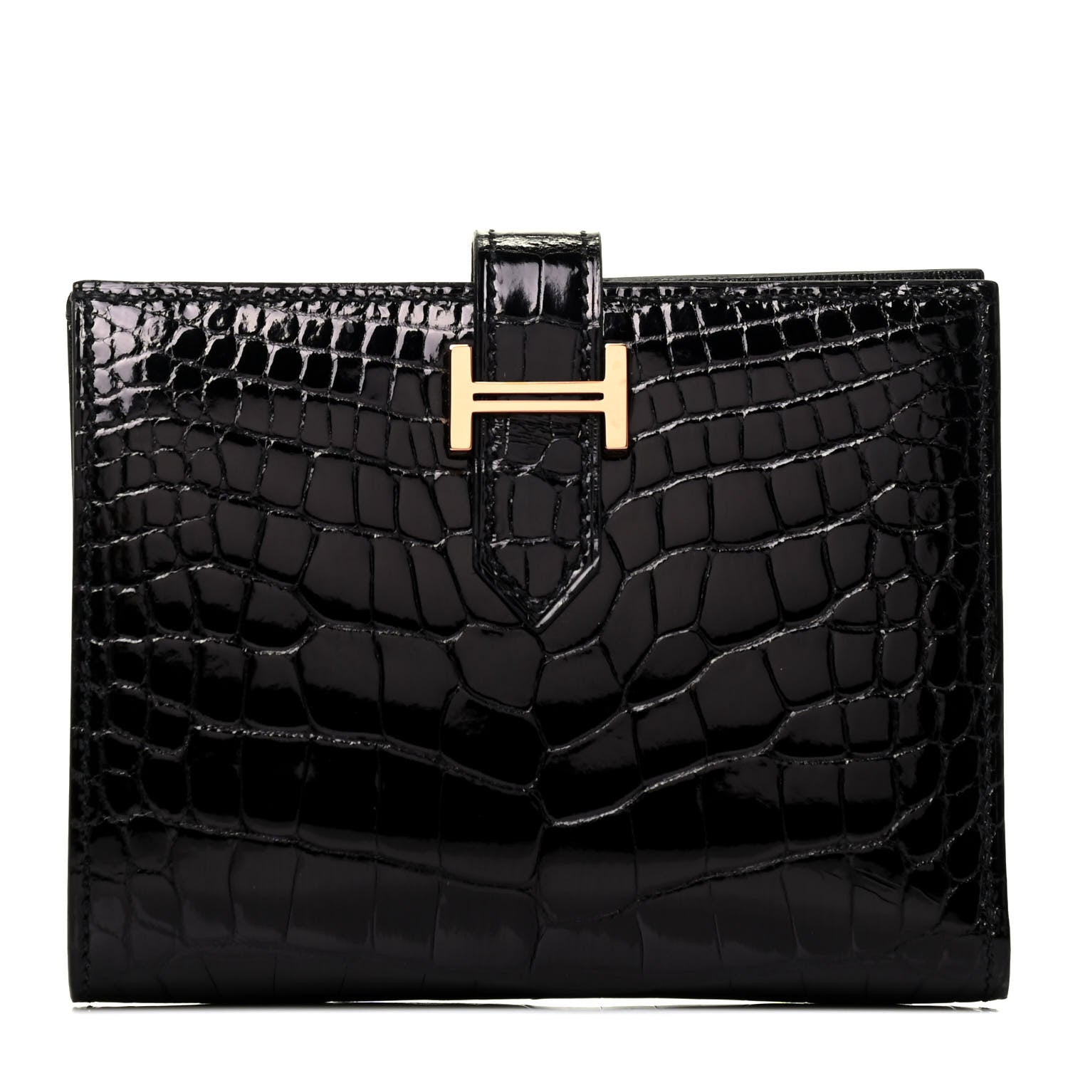 Hermes Shiny Alligator Bearn Compact Wallet Black 1 of 7