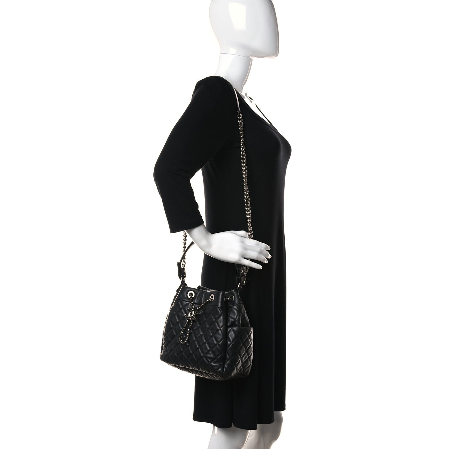Lambskin Quilted Mini CC Chain Bucket Bag Black