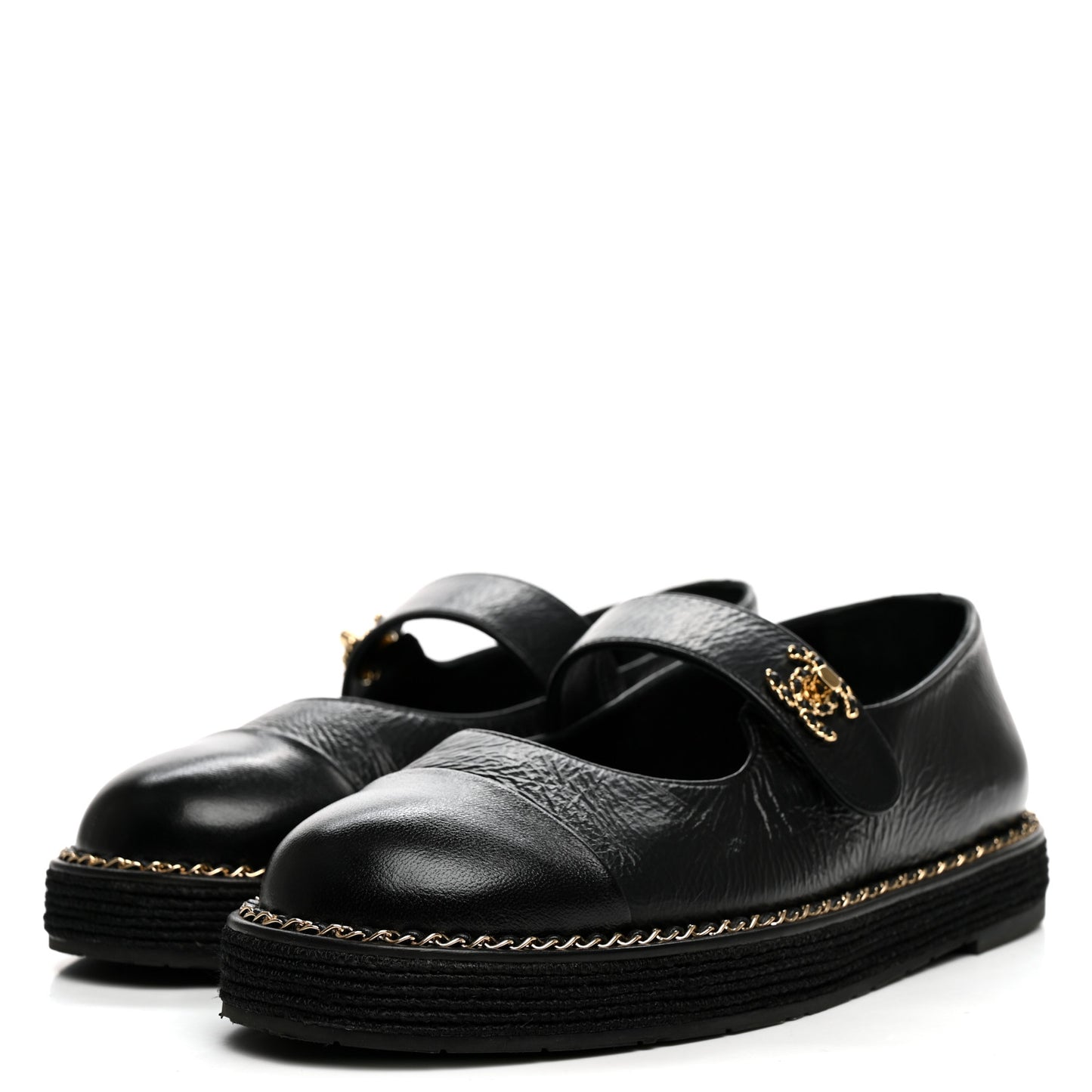 Crumpled Lambskin Cap Toe Chain CC Turnlock Mary Jane Flats 35 Black