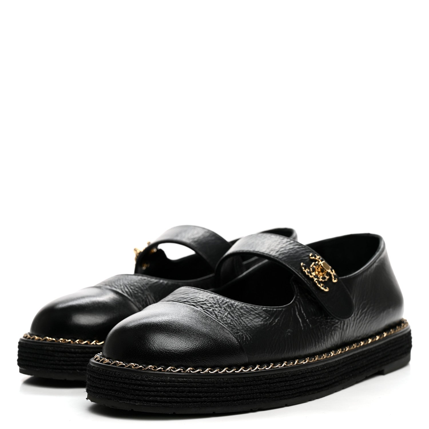 Chanel Crumpled Lambskin Cap Toe Chain CC Turnlock Mary Jane Flats 35 Black 4 of 8