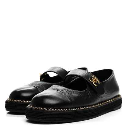 Chanel Crumpled Lambskin Cap Toe Chain CC Turnlock Mary Jane Flats 35 Black 4 of 8