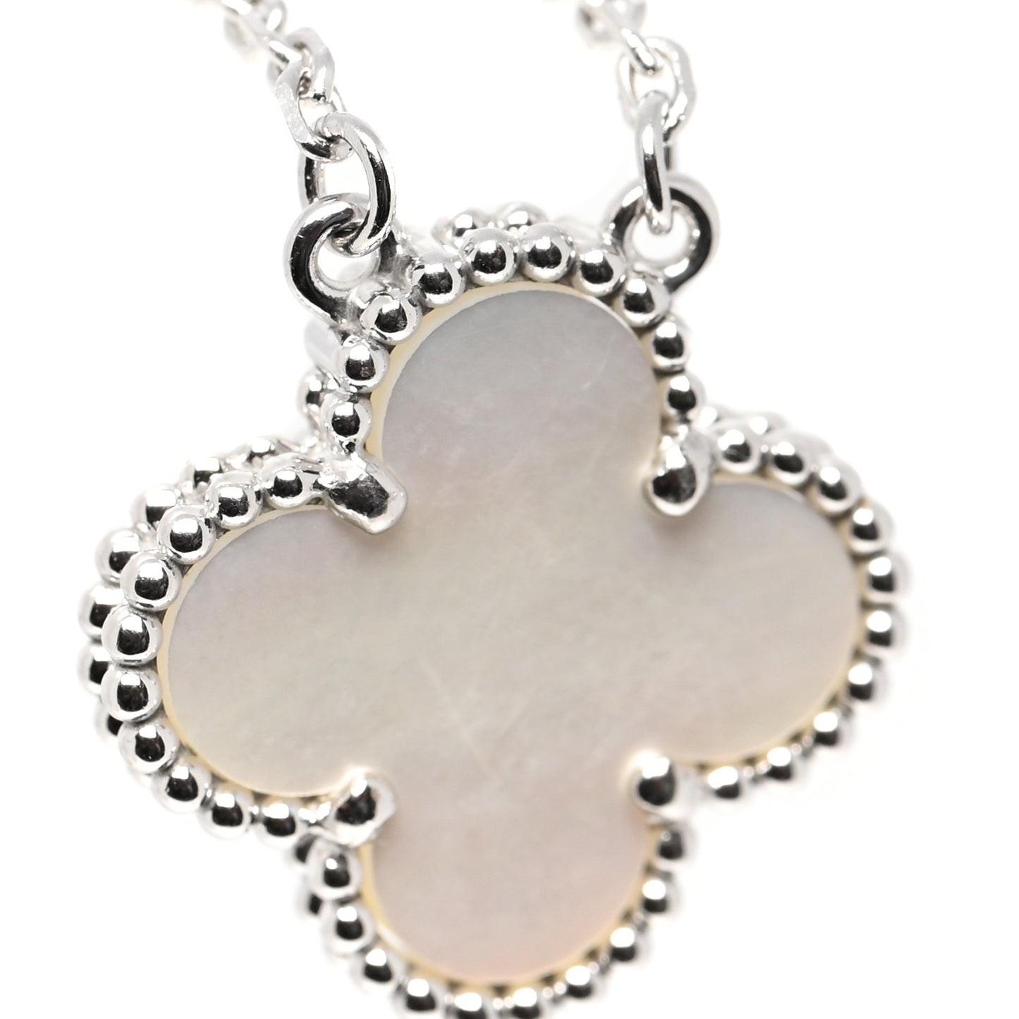 18K White Gold Mother of Pearl Vintage Alhambra Pendant Necklace