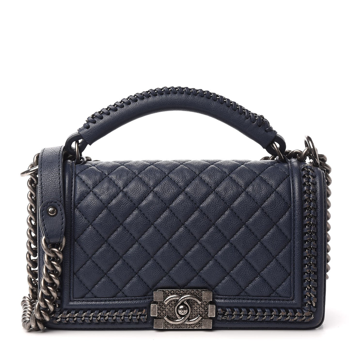 Calfskin Quilted Medium Top Handle Boy Flap Blue