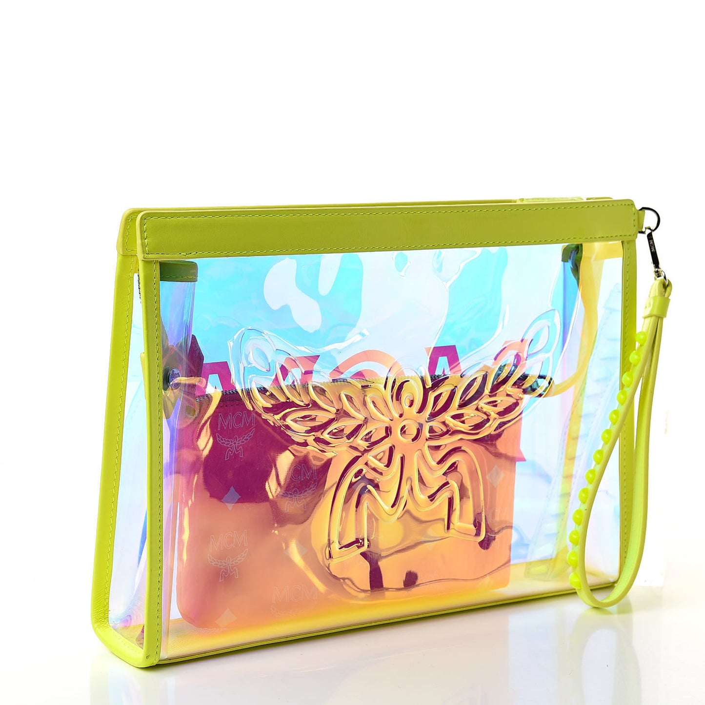 Iridescent PVC Wristlet Neon Yellow