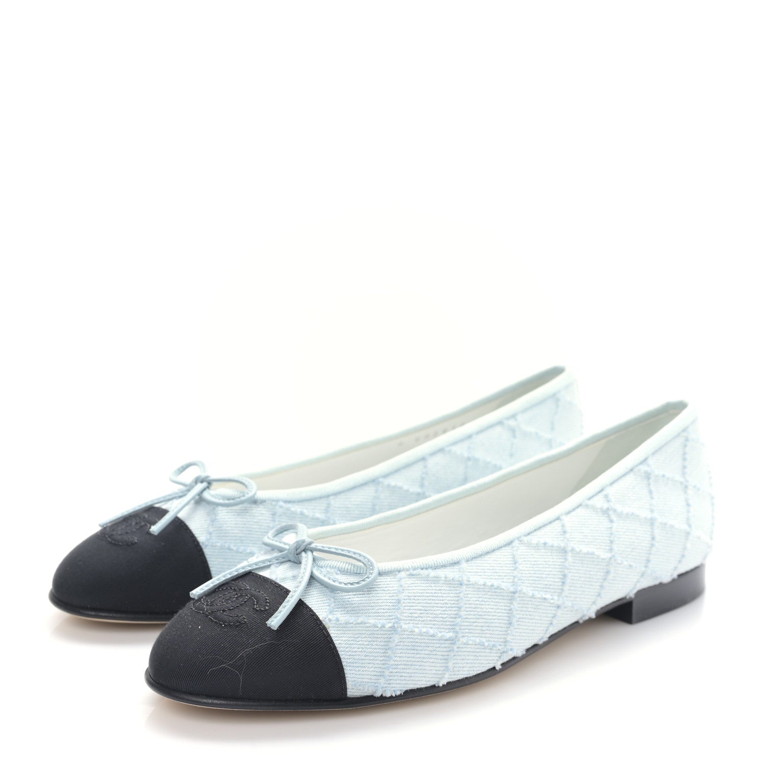 Chanel Denim Embroidered Grosgrain CC Cap Toe Ballerina Flats 38.5 Light Blue Black 3 of 9