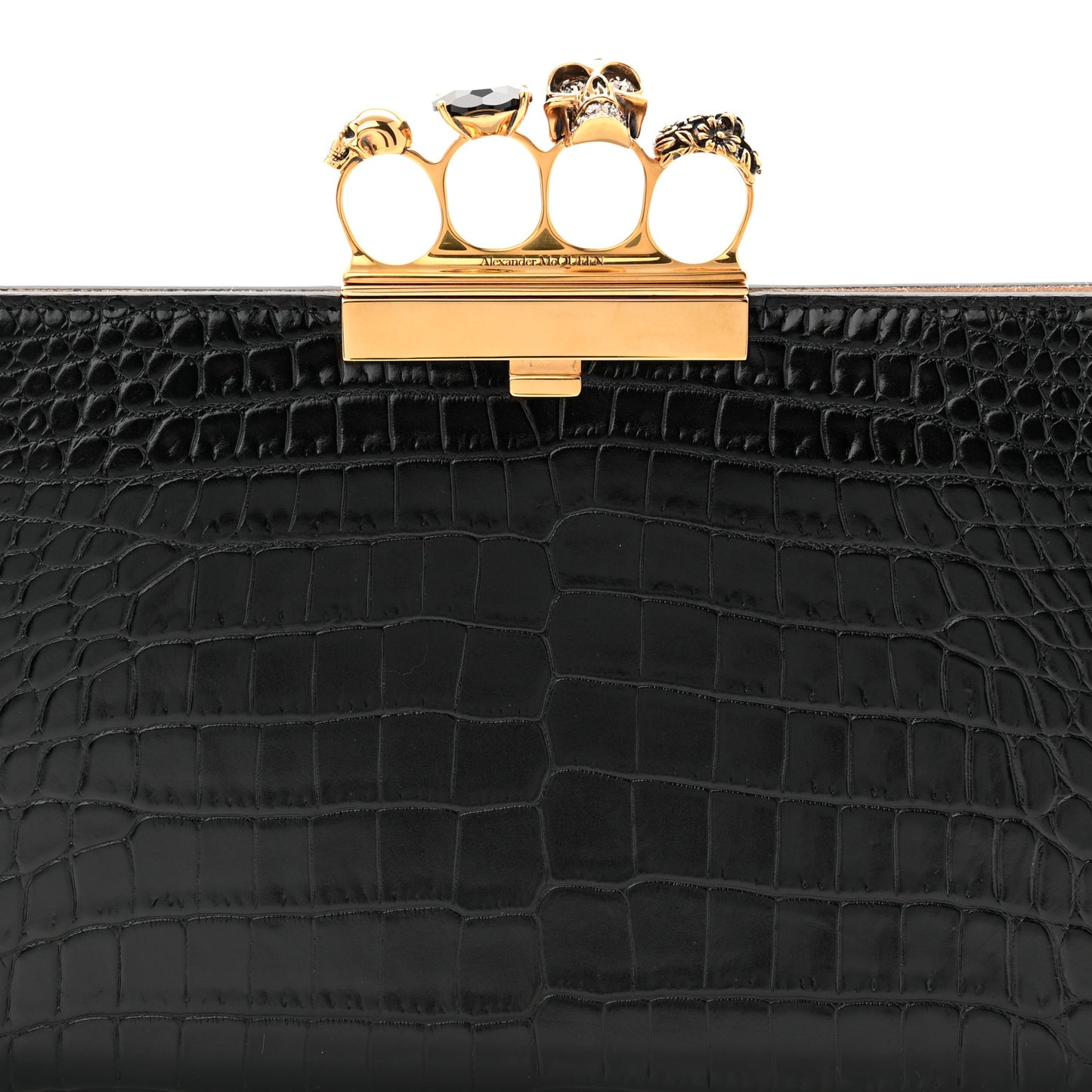 Calfskin Crocodile Embossed Knuckle Flat Clutch Black Gold