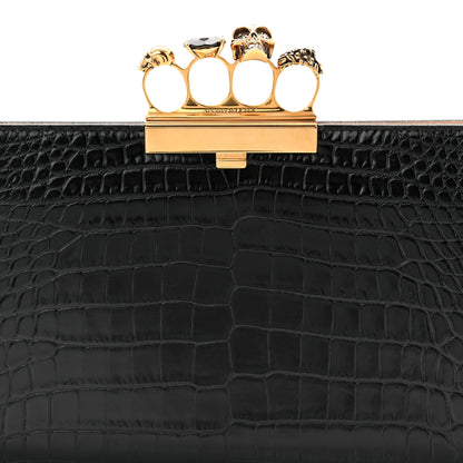 Alexander McQueen Calfskin Crocodile Embossed Knuckle Flat Clutch Black Gold 13 of 18