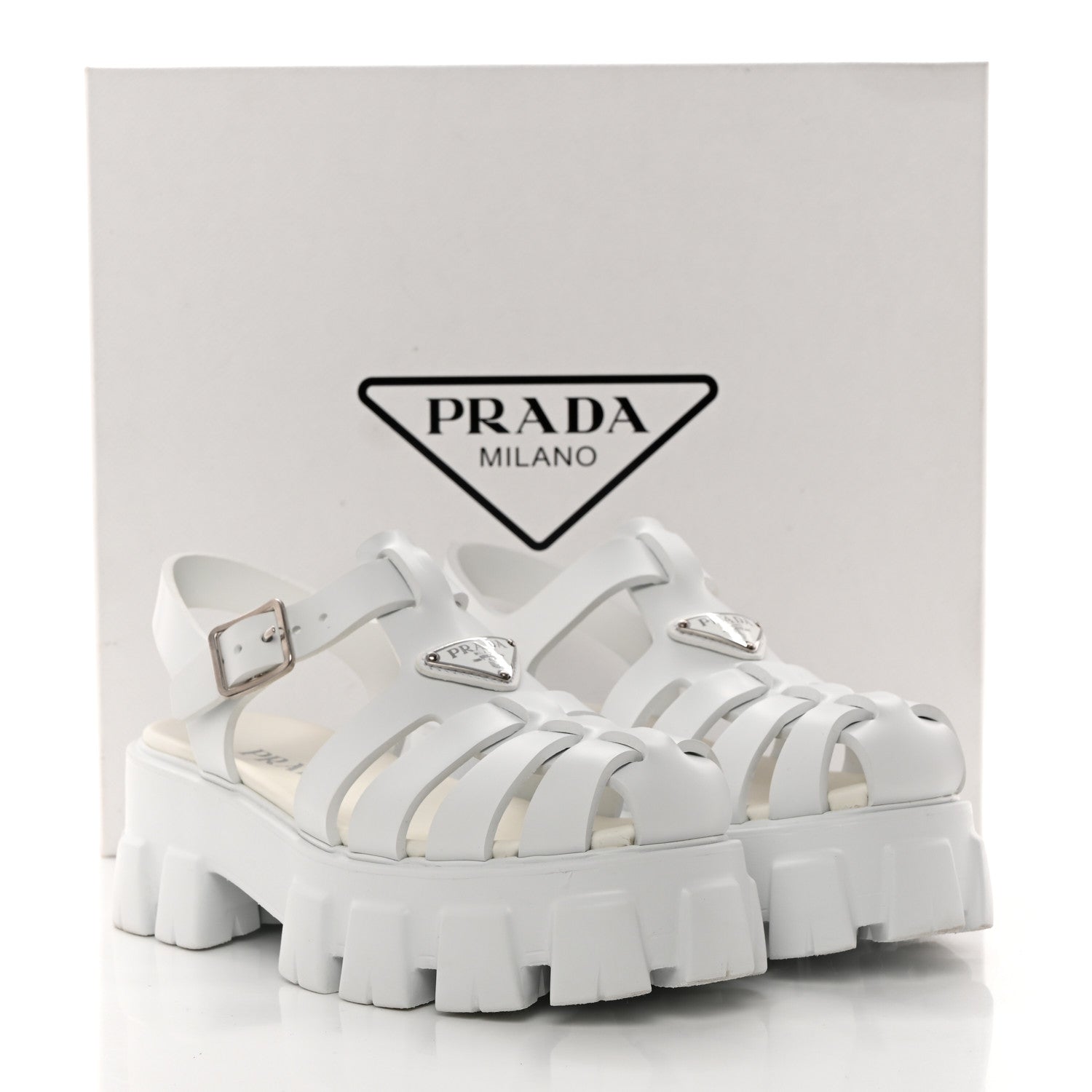 Prada Foam Rubber Metal Triangle Logo Monolith 55mm Cage Sandals 38 White 9 of 9