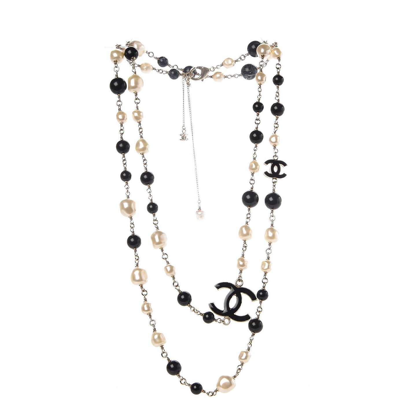 Baroque Pearl Bead Enamel CC Long Necklace Black Silver