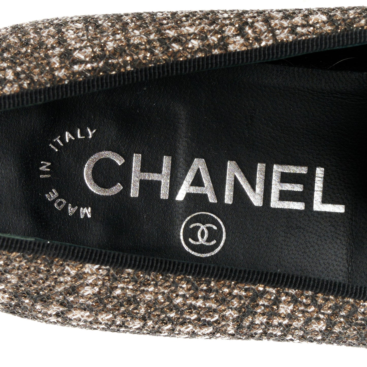 Fantasy Fabric Grosgrain CC Mocassin Loafers 37.5 Silver Black