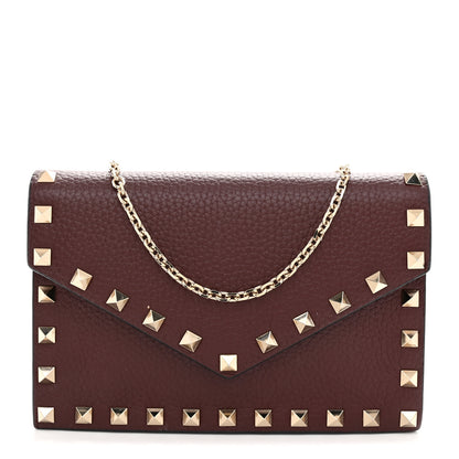Valentino Garavani Pebbled Calfskin Rockstud Envelope Wallet on Chain Vinaccia 1 of 12
