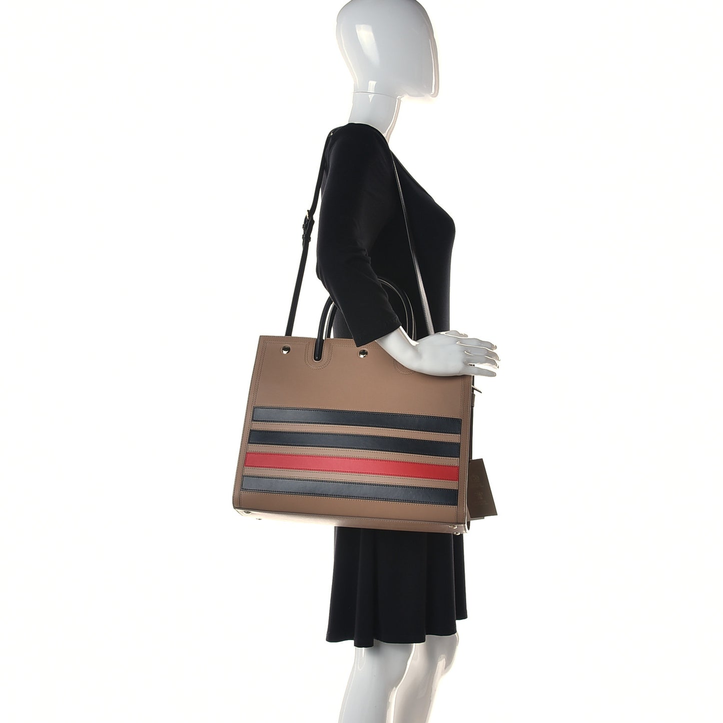 Smooth Calfskin Stripe Medium Two Handle Title Bag Camel Black Red