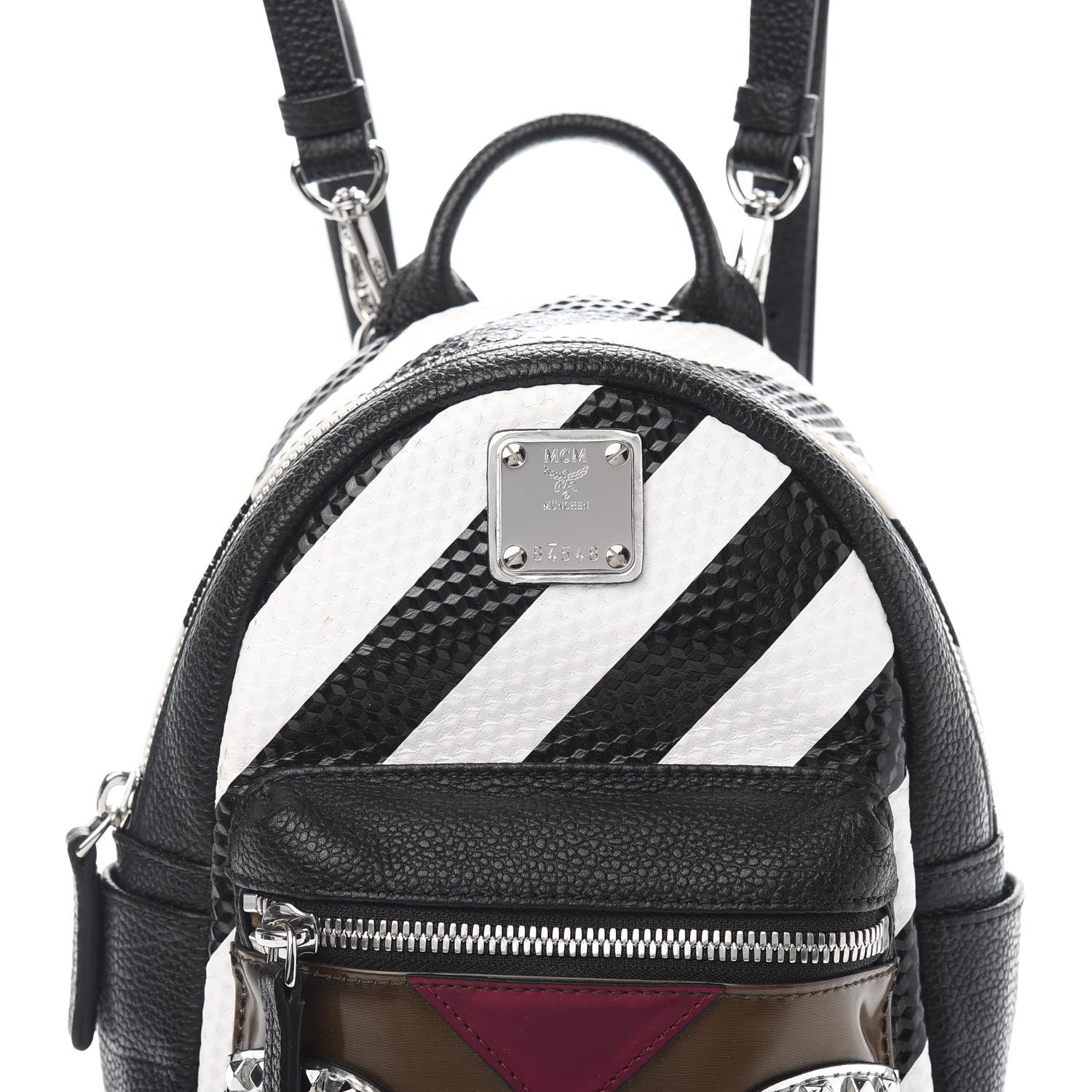 MCM Calfskin Striped X-Mini Roboter Mixed-Media Backpack Black White Multicolor 8 of 8