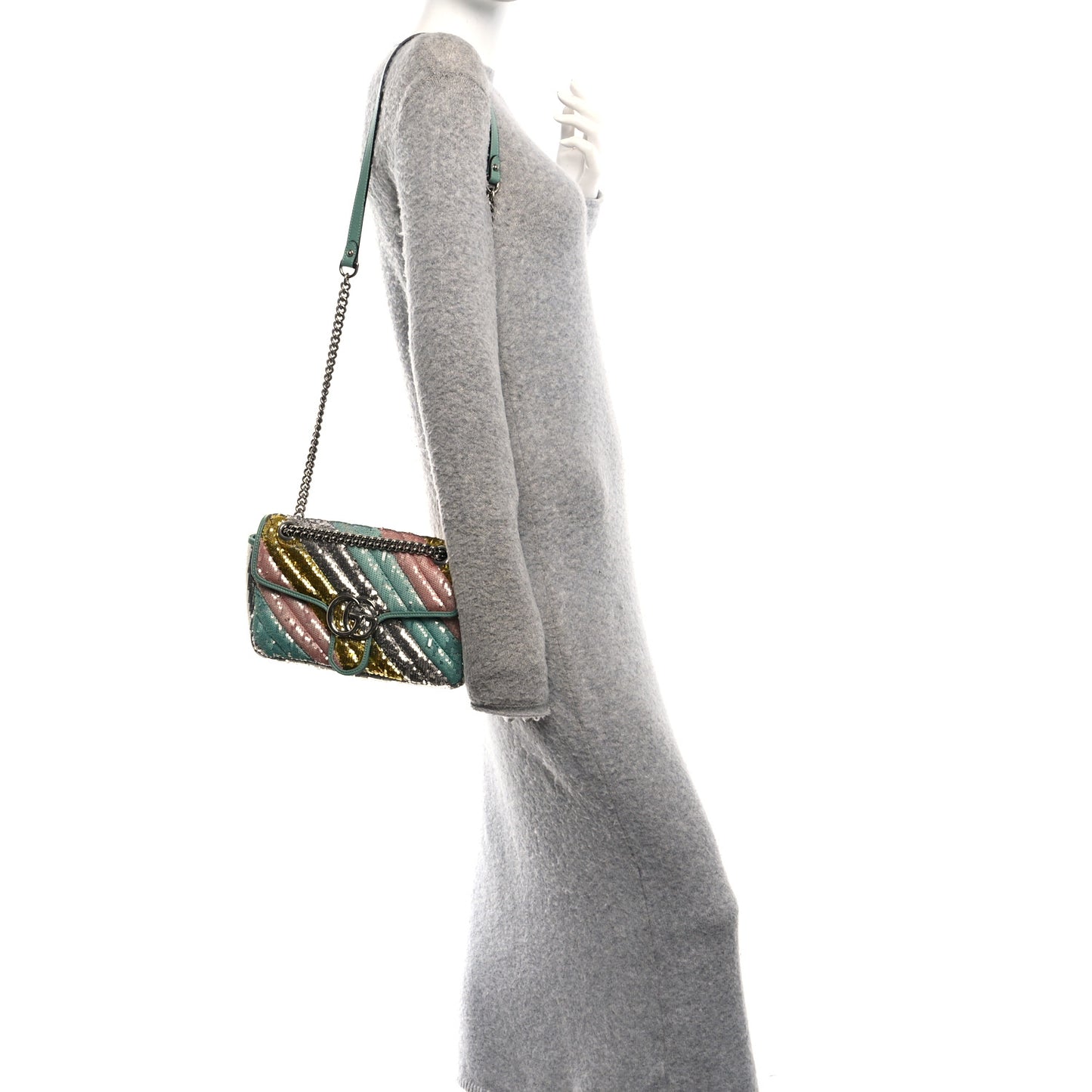 Sequin Satin Calfskin Matelasse Diagonal Small GG Marmont Shoulder Bag Grigio Argento Verde Chiaro Rosa Giallo Light Water Green