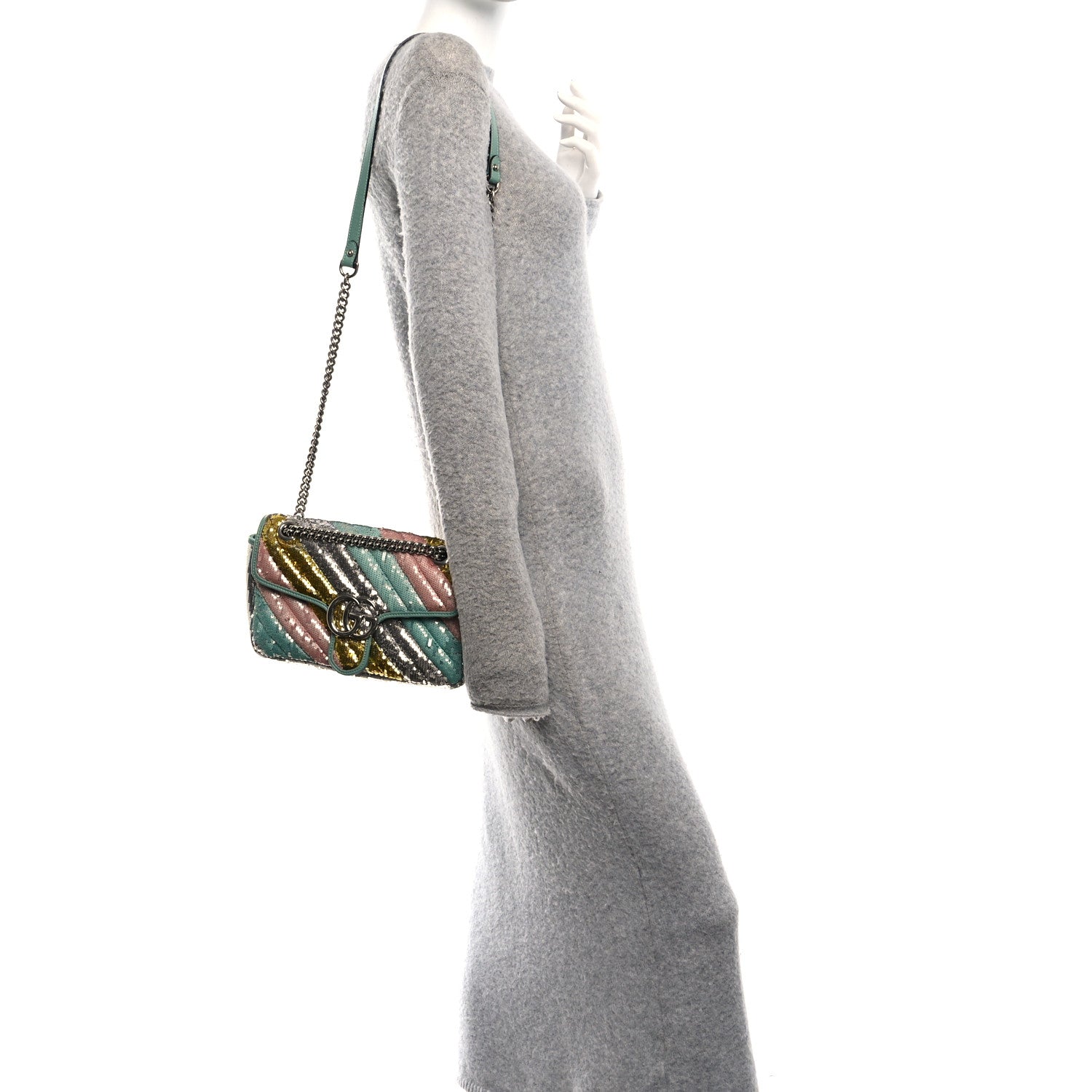 Gucci Sequin Satin Calfskin Matelasse Diagonal Small GG Marmont Shoulder Bag Grigio Argento Verde Chiaro Rosa Giallo Light Water Green 2 of 12