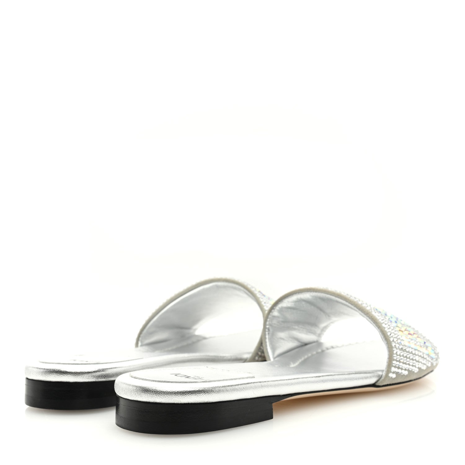 Fendi Laminated Goatskin Baguette Crystal Embroidered Signature Flat Slide Sandals 37.5 Silver 4 of 7
