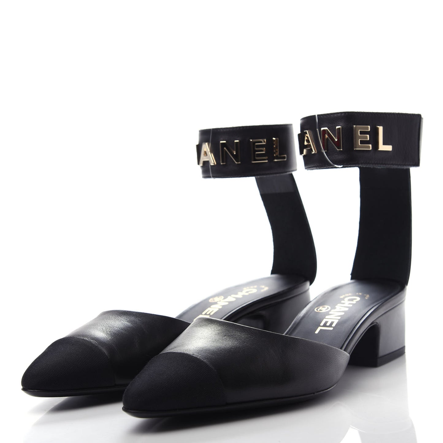 Lambskin Grosgrain Cap Toe Logo Ankle Strap Pumps 37.5 Black