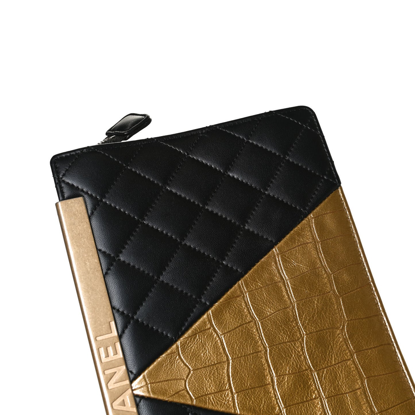 Lambskin Metallic Calfskin Crocodile Embossed Clutch Black Gold